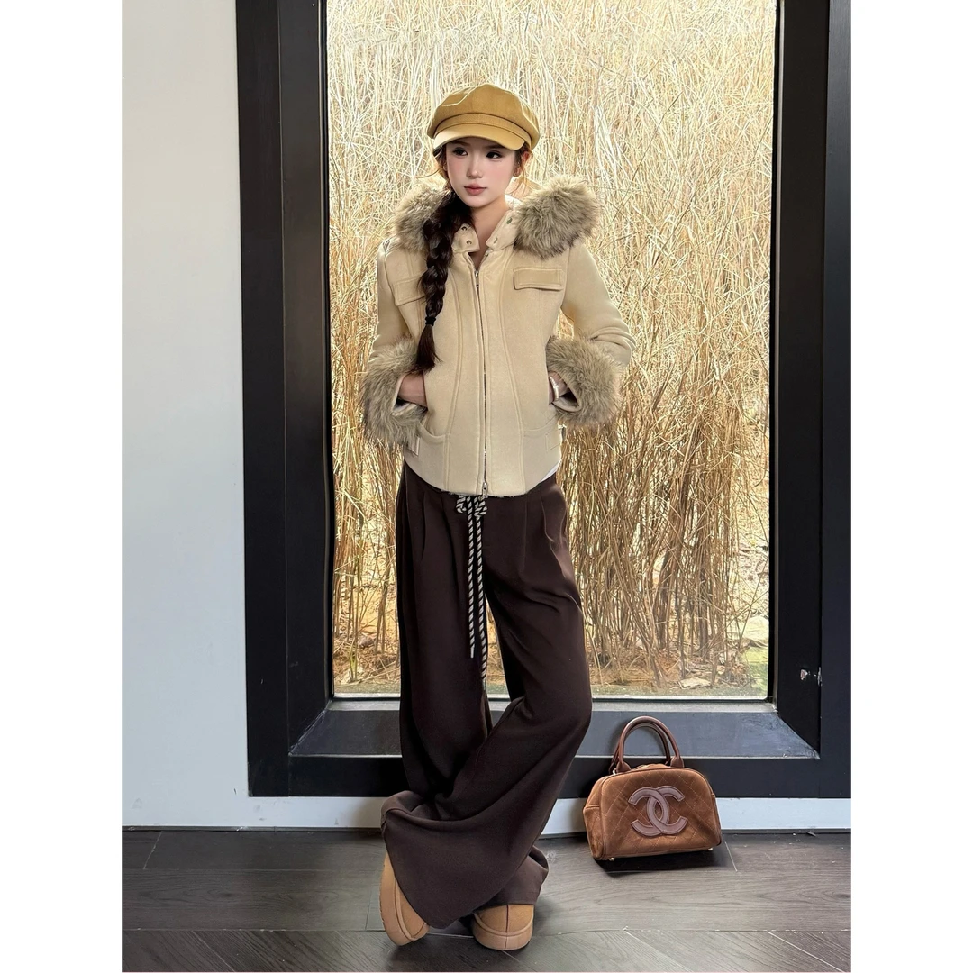 韩系连帽大毛领麂皮绒修身皮毛一体外套女秋冬季新款休闲百搭夹克