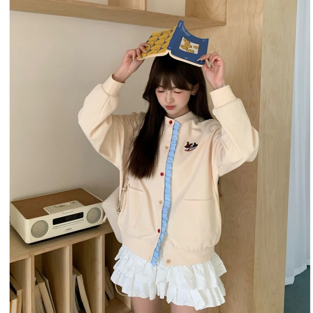 美式复古华夫格卫衣慵懒风拼接花边百搭刺绣夹克休闲外套