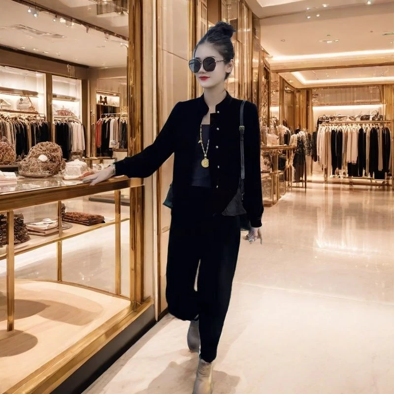 欧货气质丝绒时尚套装女2025秋冬设计感拼接荷叶边上衣裤子两件套