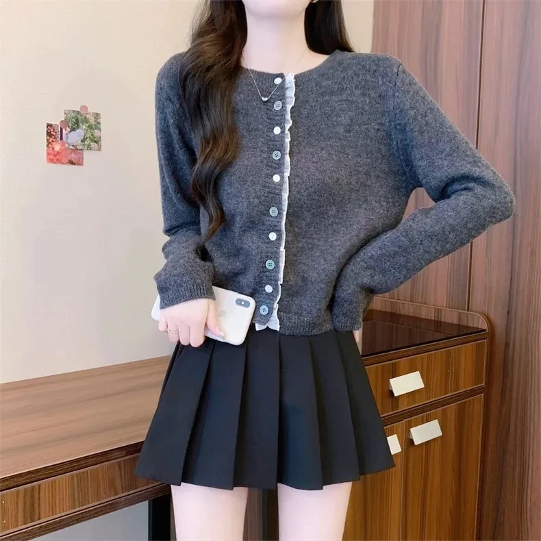 小个子短款针织开衫女春秋内搭木耳边小香风圆领打底毛衣外套上衣
