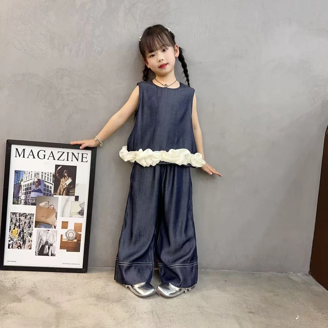 女童套装夏装2025新款儿童洋气时髦牛仔背心阔腿裤休闲两件套