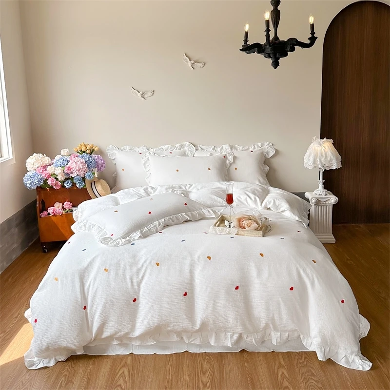 木楌2024皱皱纱荷叶边刺绣柔软工艺款少女心四件套床上用品被套