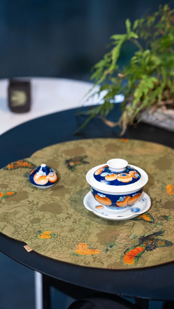 卓君手绘青花瓷斗彩柿子盖碗茶杯壶承景德镇中式高端茶具