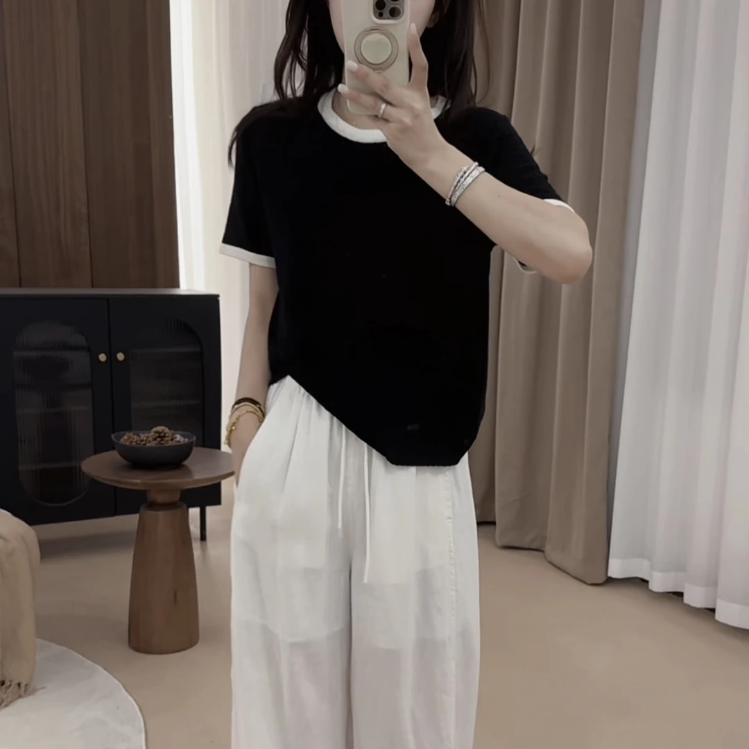 伟丽店4048款【拼色领小香针织短袖】新款时尚百搭显瘦圆领上衣