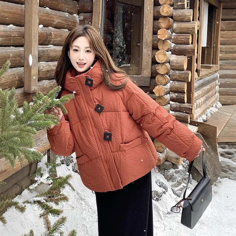 丝绵2025冬季新款韩版面包宽松棉衣格子短款小个子连帽外套加厚棉