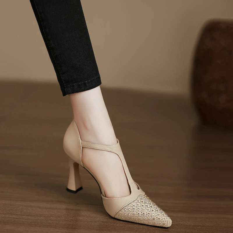 小个子手工女鞋8cm~法式高跟鞋米白色水钻包头凉鞋丁字扣玛丽珍鞋