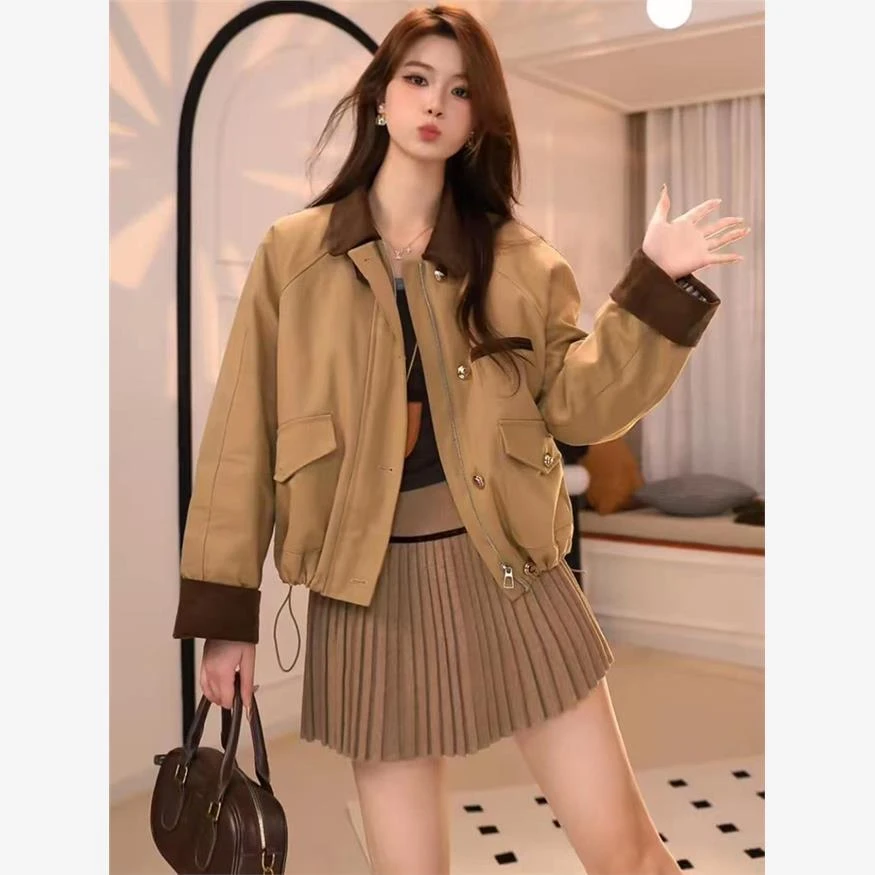 波伺登联名断码货露丝翻领撞色短外套女2025秋冬新款宽松显瘦百搭