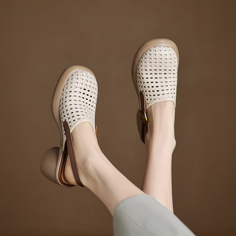 羊皮/7cm/舒适时尚夏季真皮软底复古镂空增高百搭粗跟半拖凉鞋