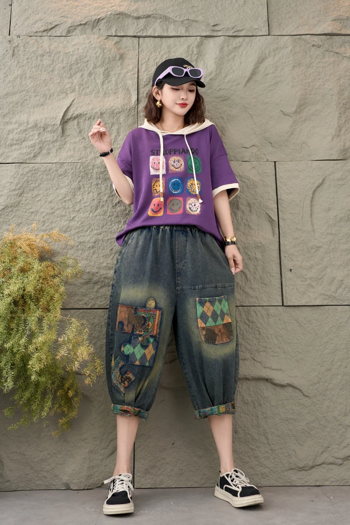 哈伦裤薄款2025夏季水洗女刺绣牛仔裤破洞绣花裤子休闲时尚垮裤