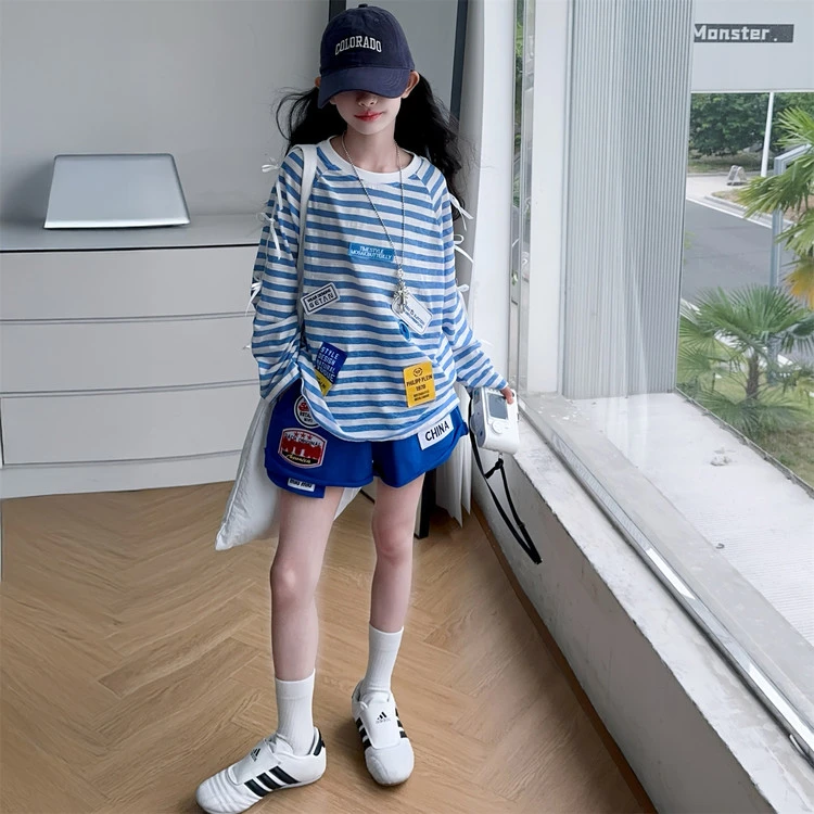 女童条纹长袖防晒夏季套装2025新款中大童条纹T恤休闲短裤两