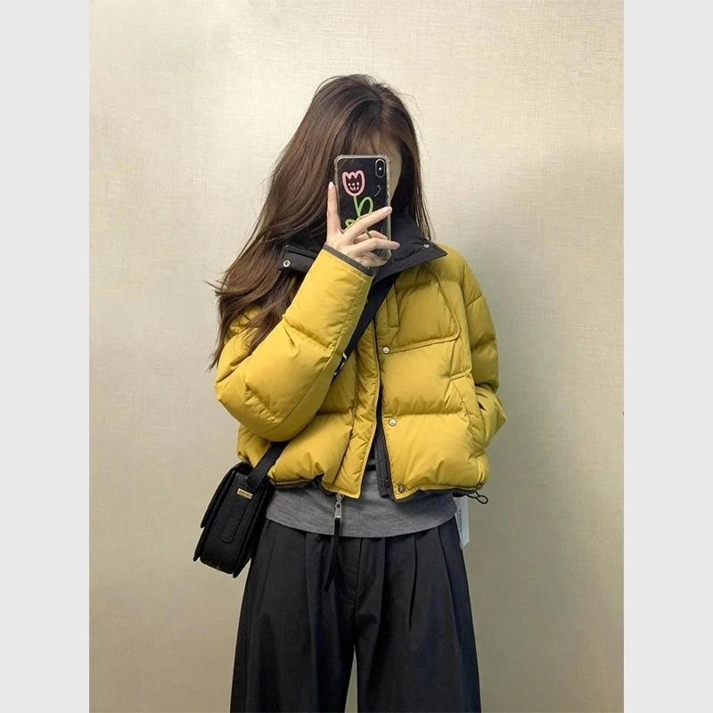 2025巨好看的黄色撞色棉服女冬小个子韩系短款面包服厚外套棉袄