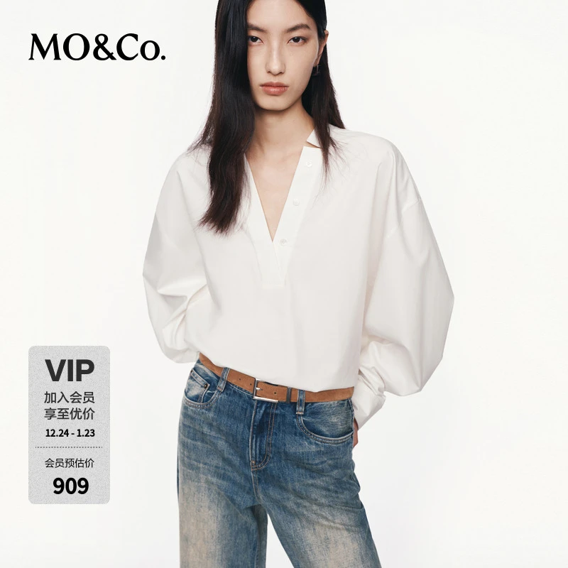 MOCO上衣2025秋新品挺括宽松前短后长V领半开襟衬衣MBE3TOP019