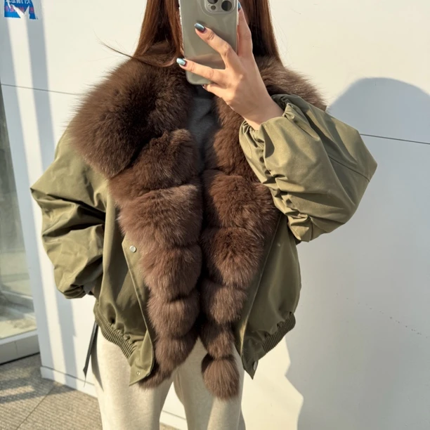 冬季新款派克鹅绒服拼整条狐狸毛外套