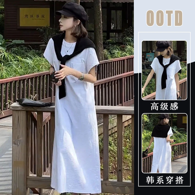 休闲松弛感2025春夏新款简约通勤百搭设计感短袖连衣裙宽松显瘦