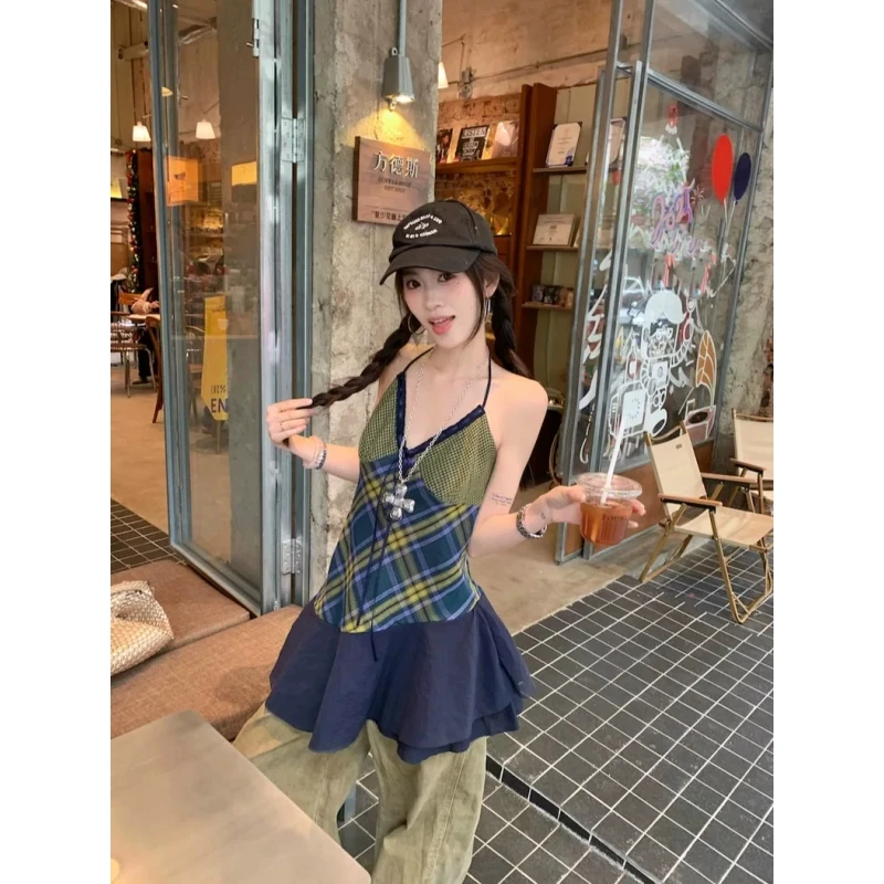 复古辣妹撞色格纹挂脖吊带女夏季荷叶边拼接chic无袖外穿背心上衣