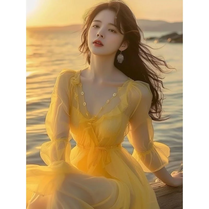 黄色雪纺连衣裙春夏女2025年新款沙滩裙女海边度假超仙法式长裙子