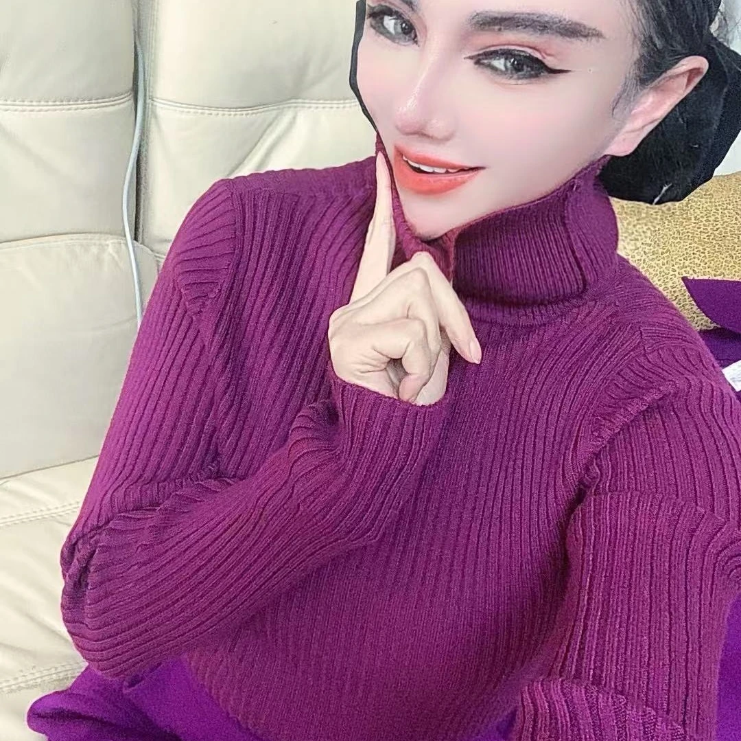 紫色气质高领针织衫女秋冬内搭百搭舒适加厚毛衣