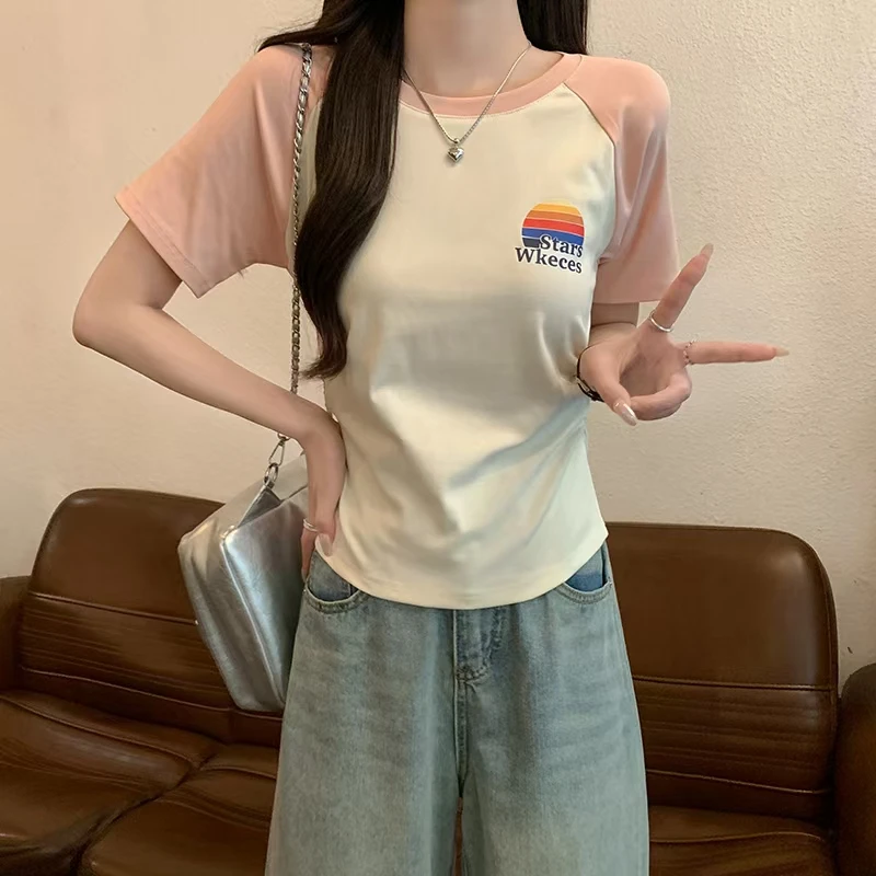 短款小个子t恤女美式插肩袖短袖2025新款仿棉ins潮大码修身上衣夏