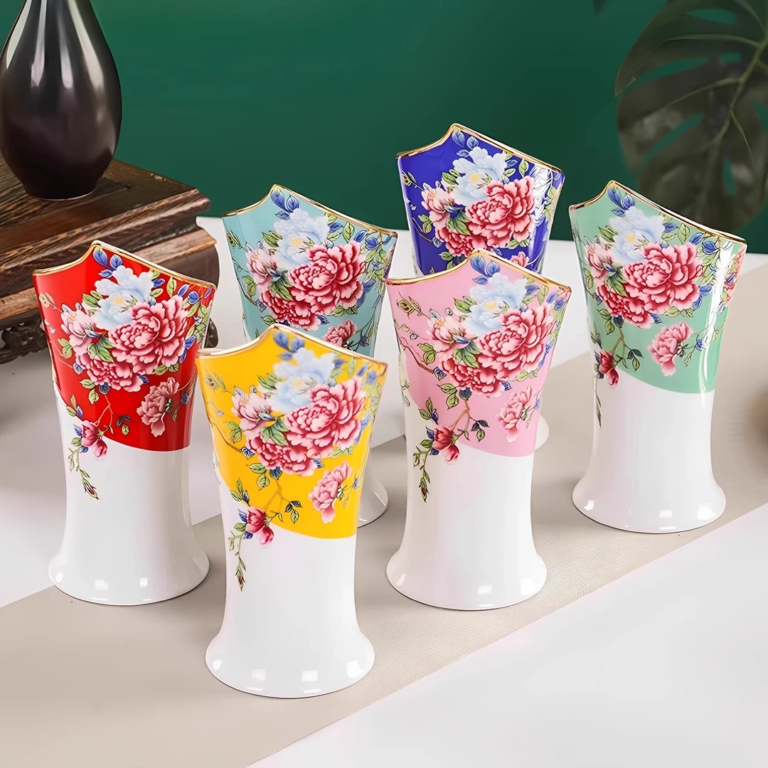 景德镇陶瓷器珐琅彩金边牡丹筷子筒家用高档筷子篓勺子筷子笼餐具