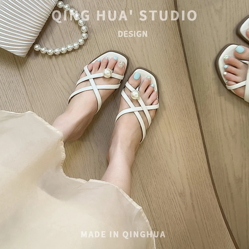 轻华~法式珍珠套趾凉拖鞋女2025夏季新款外穿仙女风平底一字拖鞋