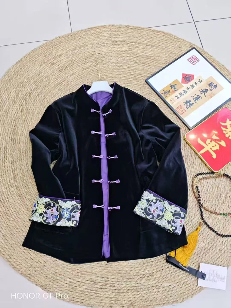 大码女装立领拼色袖口盘扣国风外套胖妹妹秋冬款百搭显瘦上衣9302