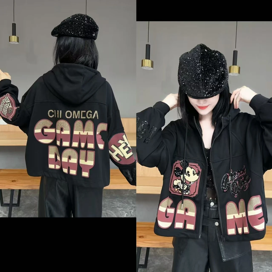 【YJ·高定】2025早秋新款宽松百搭撞色拼接刺绣卡通帽衫外套 YY1582