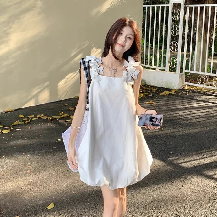 温柔风孕妇装夏装法式孕期穿搭简约立体花吊带连衣裙花苞裙子夏季