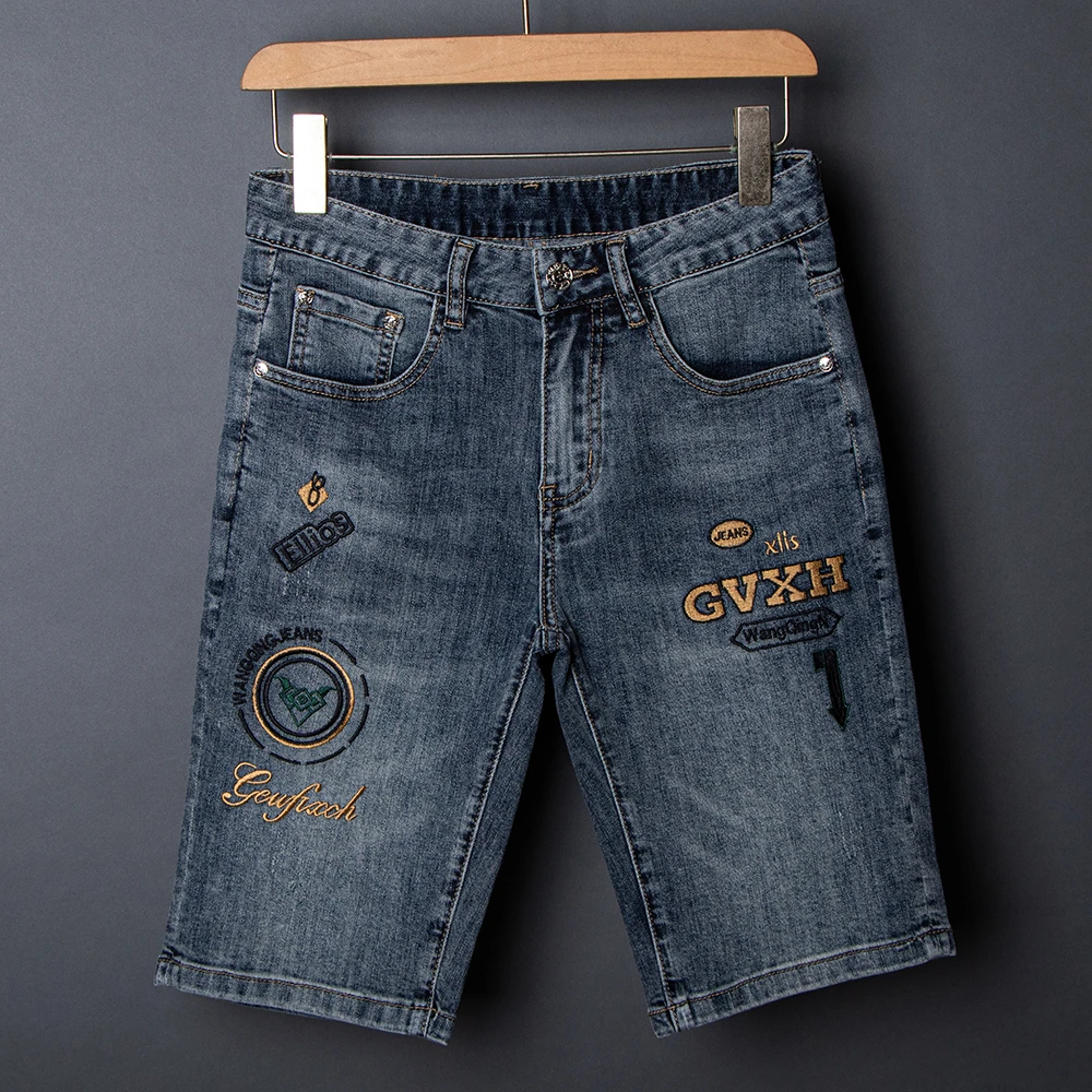 轻奢刺绣牛仔短裤男夏季薄款修身小直筒裤新款弹力五分裤潮牌中裤