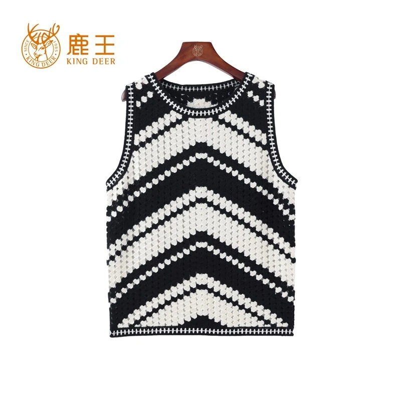 鹿王25春新款女圆领100山羊绒重工镂空钩花针织背心 厚 20256036