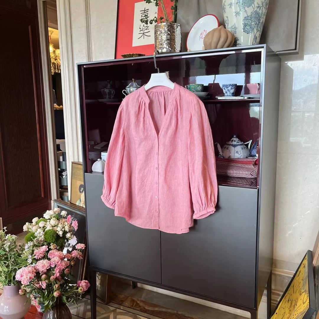 MYL 2024夏季新品软亚麻粉色衬衫圆领长袖休闲单排扣宽松上衣