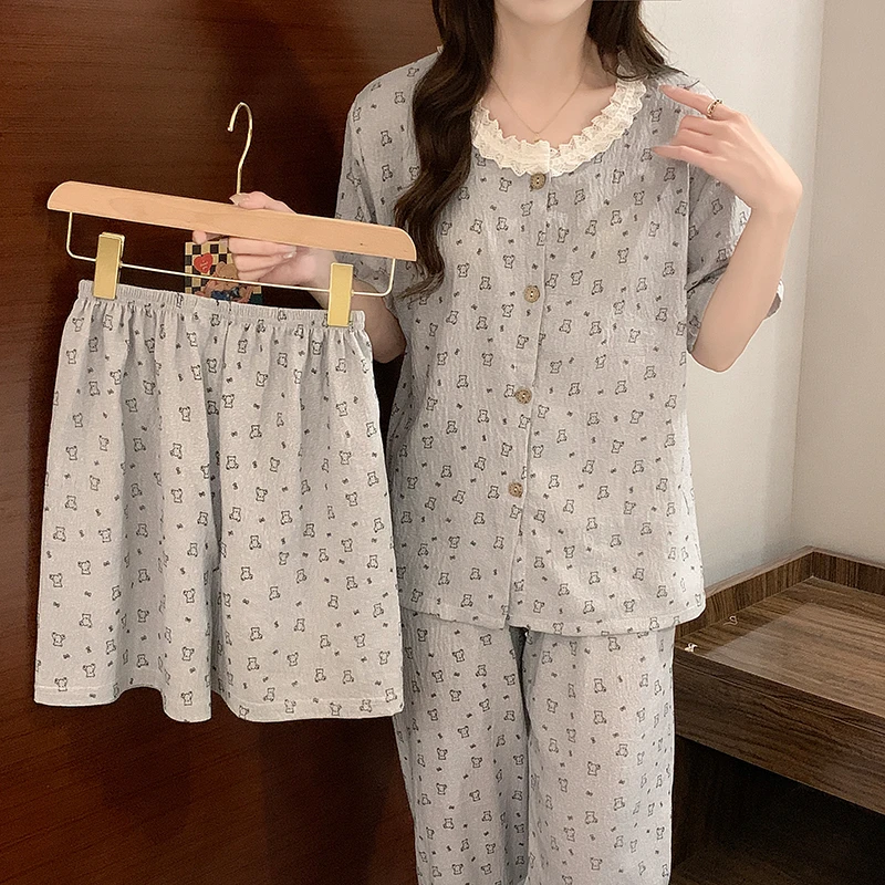 三件套睡衣女款春秋季卡通蕾丝圆领花边短袖长裤可爱甜美套装1036