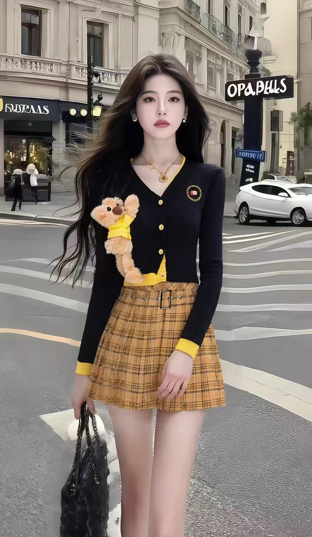 韩系氛围感早秋日常穿搭黑色长袖V领修身上衣+百搭格子半身裙套装