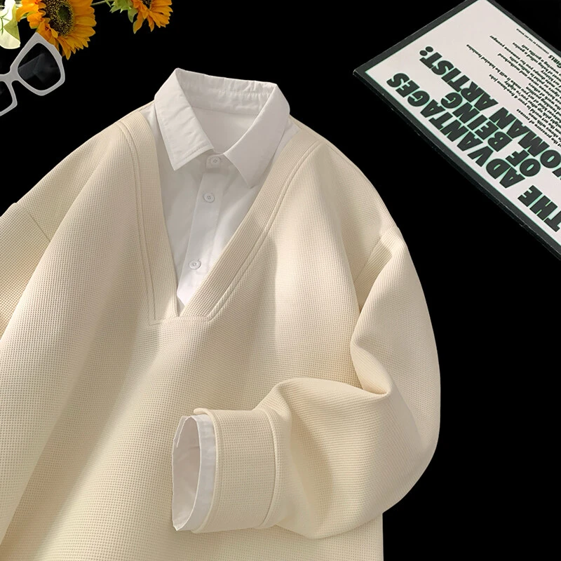 引创2025假两件翻领休闲卫衣男春季新款潮流衬衫休闲港风帅上衣男