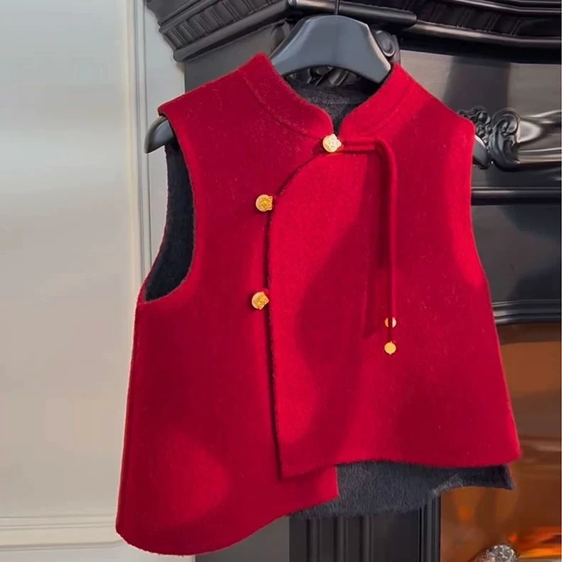 女童新中式红色拜年服中国风冬季两面穿毛呢马甲小女孩唐装背心