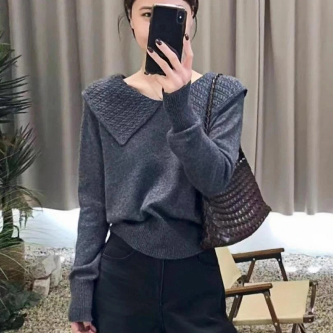 韩版时尚大翻领针织衫毛衣女外穿秋冬新款宽松慵懒风气质上衣