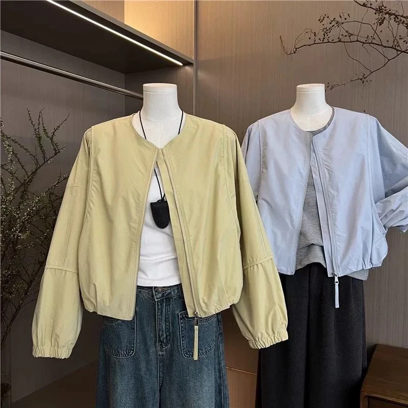 韩版极简纯色小个子棒球服外套女2025春新款百搭圆领薄款休闲上衣