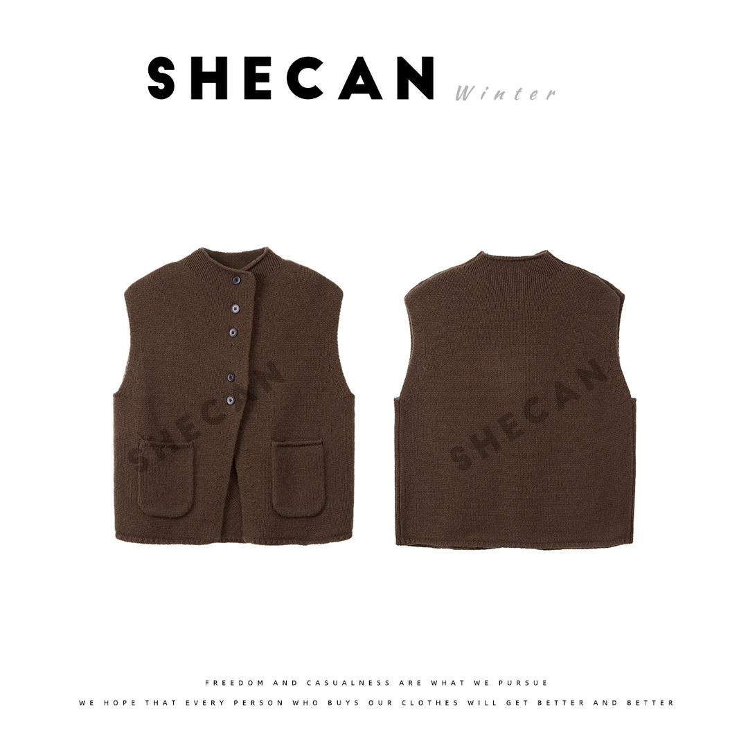 SHECAN【轻量时尚】100绵羊毛马甲女冬加厚无袖开衫针织上衣5DC120