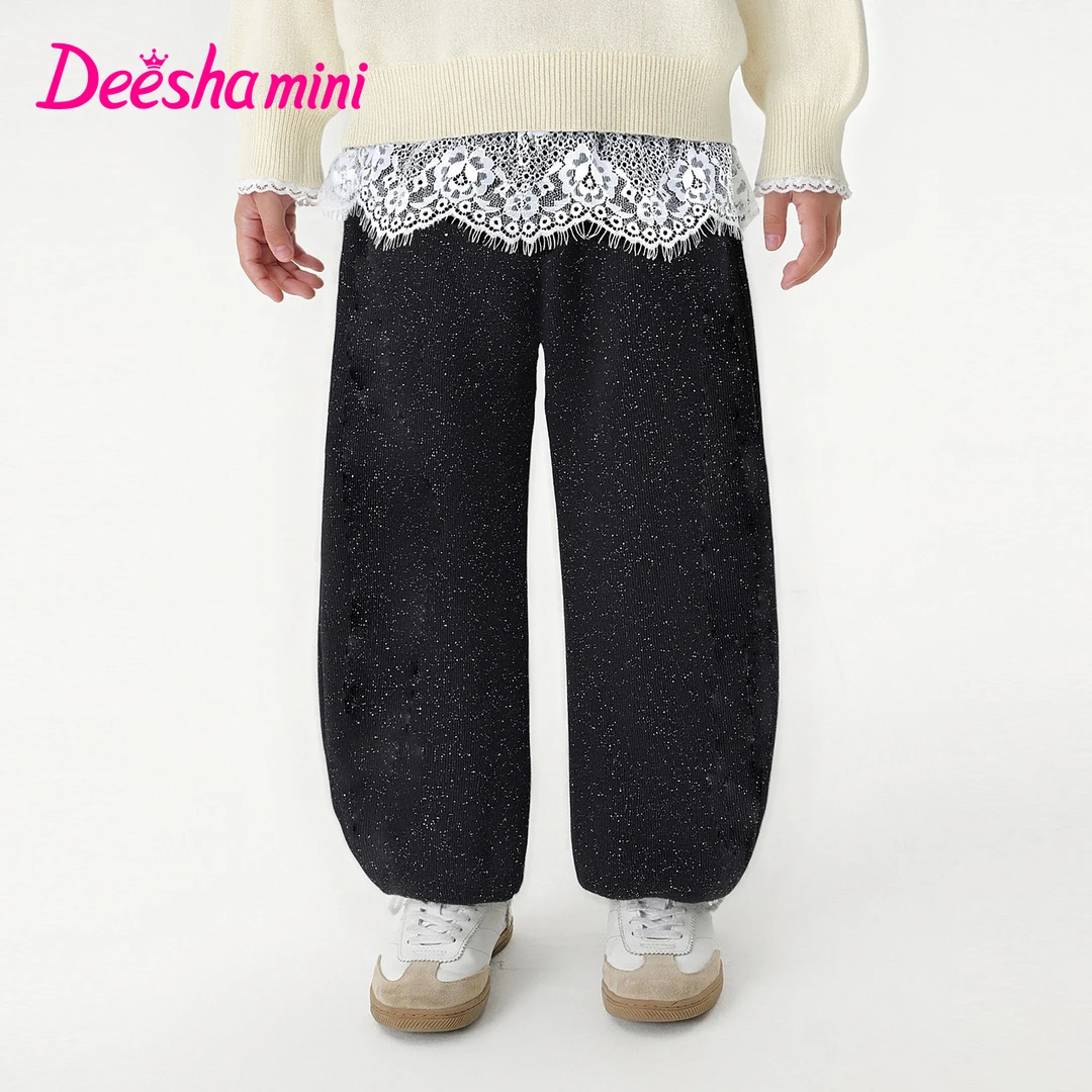 笛莎女童裤子加绒冬季儿童衣服星空时尚蕾丝复古弯刀裤-33255A401