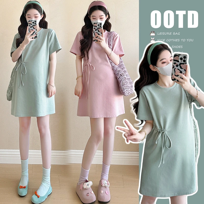 孕妇2025春夏季新款时尚洋气韩版宽松收腰气质简约系绳孕妇连衣裙