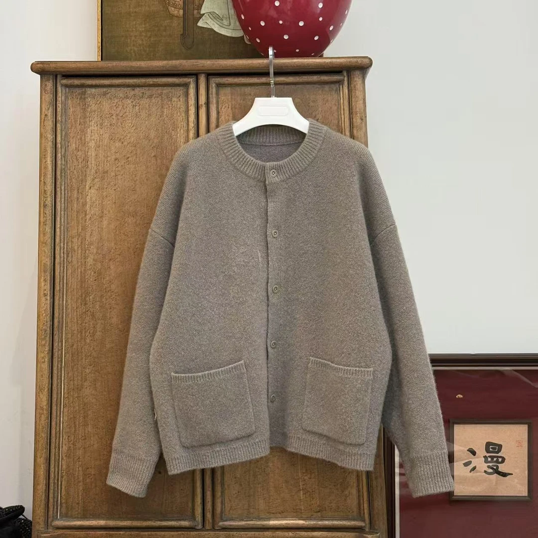 MYL2025年春季新品80羊绒混纺针织开衫圆领长袖单排扣纯色上衣