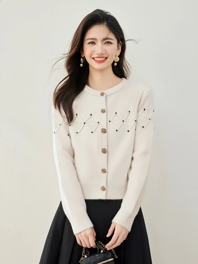 针织毛针织衫女士姜黄色法式毛衣宽松圆领秋季满身钻