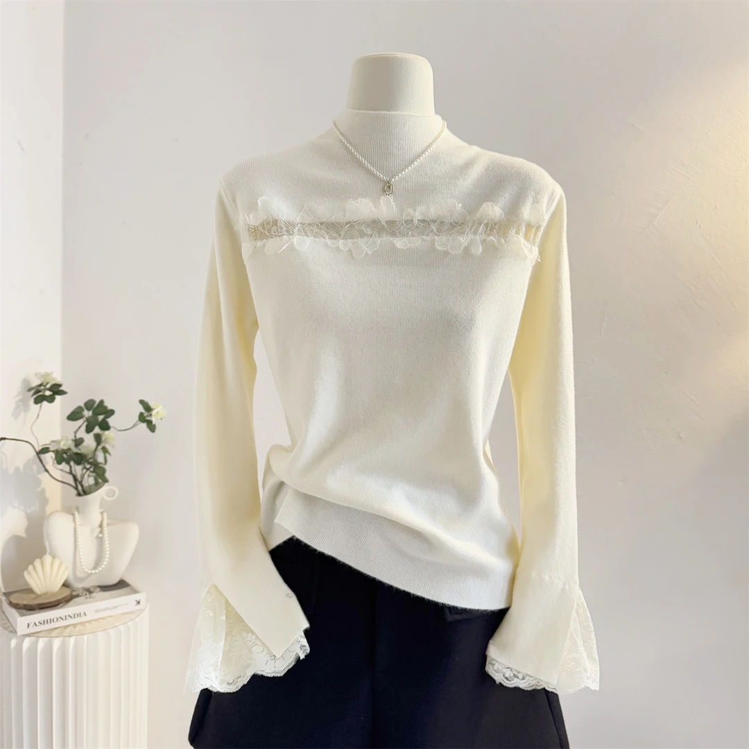 镂空蕾丝花边拼接半高领针织衫女2025秋冬加厚温柔气质内搭打底衫