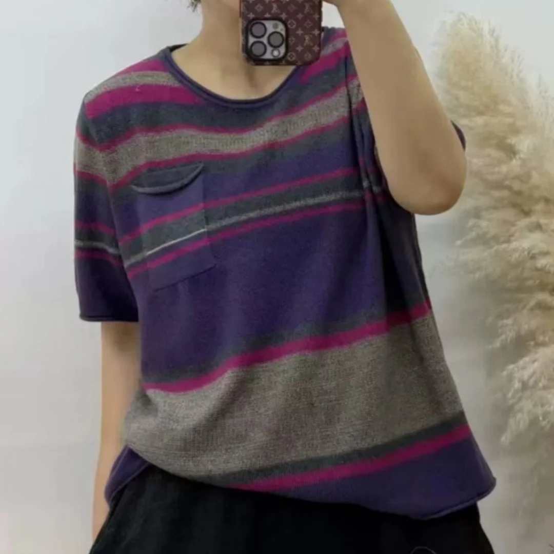 DD-圆领条纹针织衫短袖复古韩系套头休闲上衣