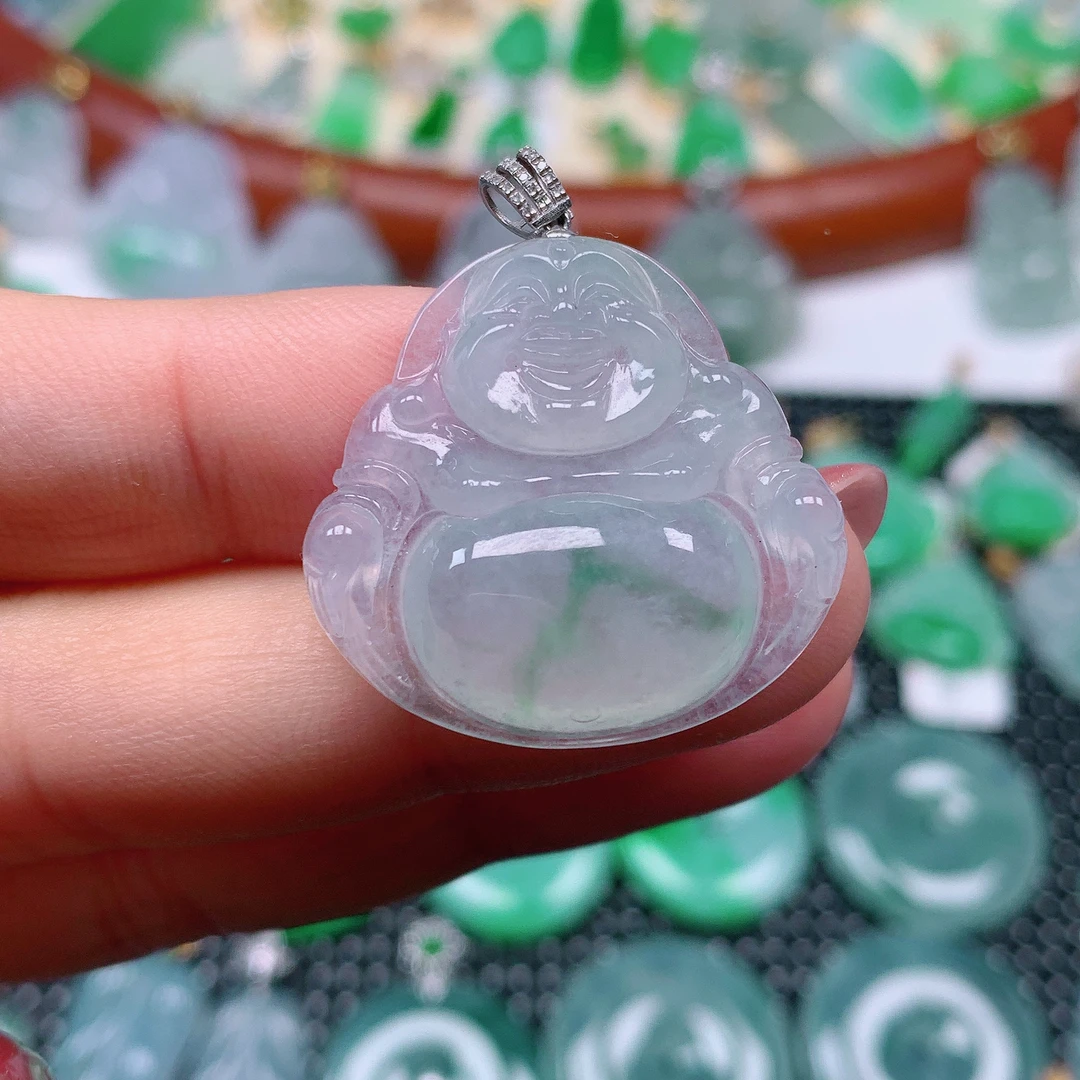 缅甸天然A货翡翠，冰飘花佛公 编号233/121尺寸 26.5-28.2-5.8