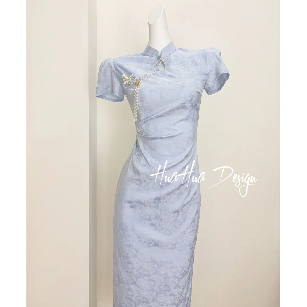 【星河蜜语】中国风文艺复古蓝色日常旗袍立领显瘦修身衣长120夏季