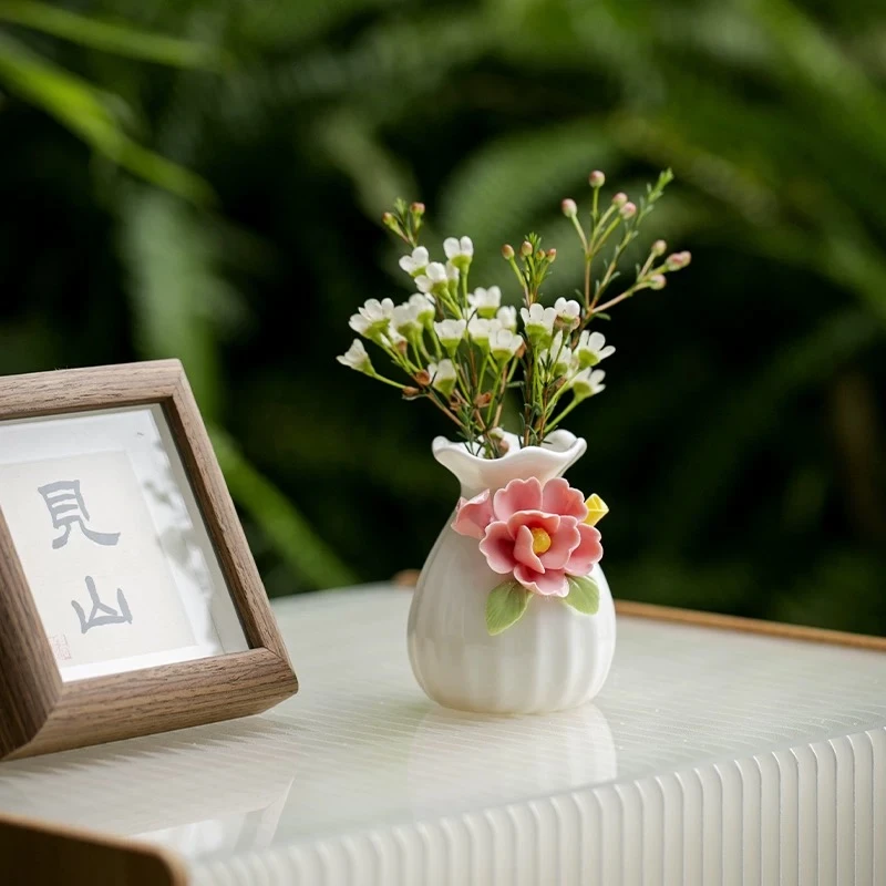 新中式手捏花陶瓷小花瓶花插客厅玄关家居创意摆件@908