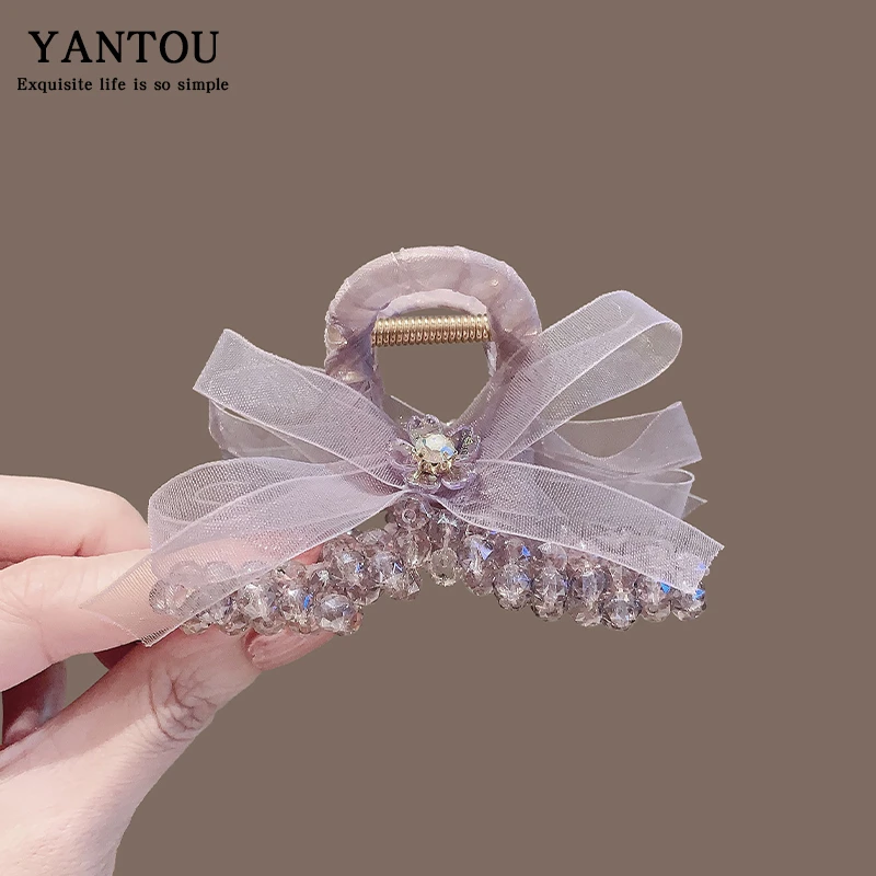 韩系水晶高级感网纱蝴蝶结发夹抓夹后脑勺盘发鲨鱼夹发抓发卡头饰