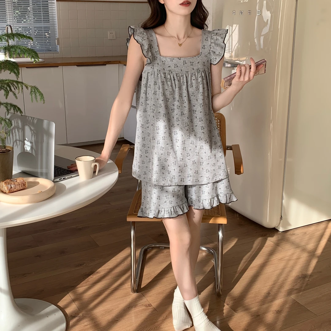 2025新款夏季天带胸垫一体家居服女生小飞袖可外穿小个子睡衣套装