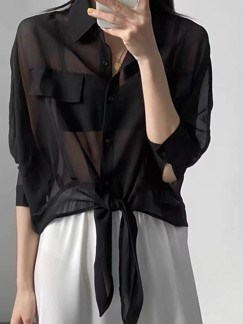 2025夏季新品韩版简约双盖打结百搭显瘦防晒衬衫  女
