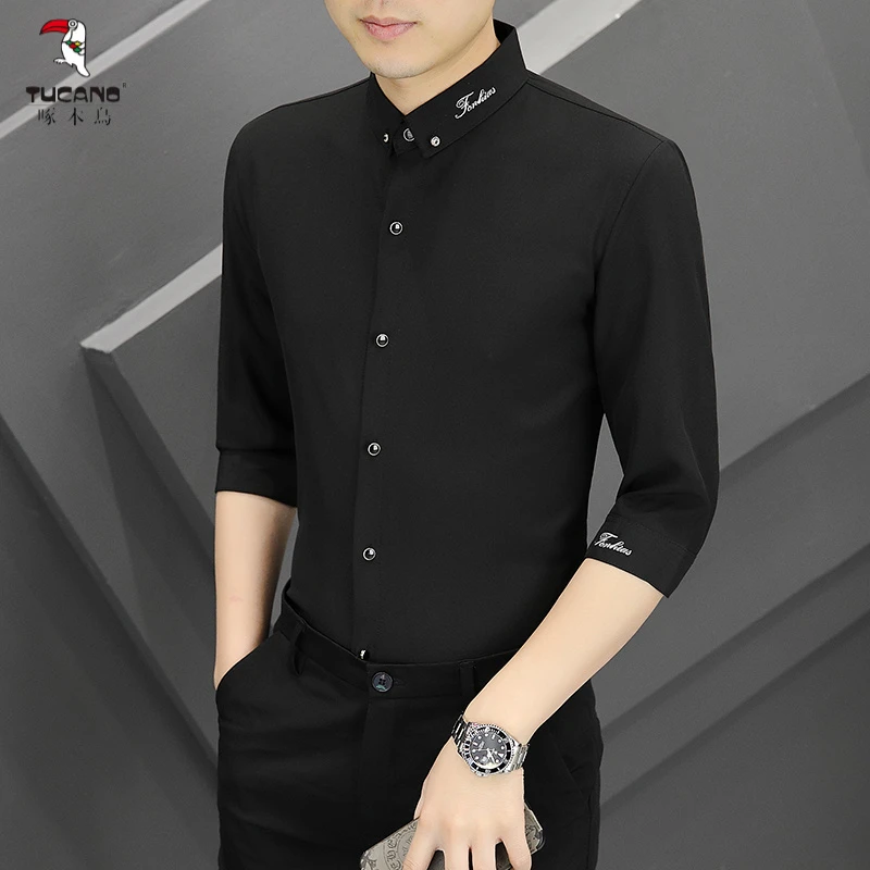 啄木鸟夏季男士黑色中袖衬衫修身韩版弹力七分袖衬衣男薄款休闲冰